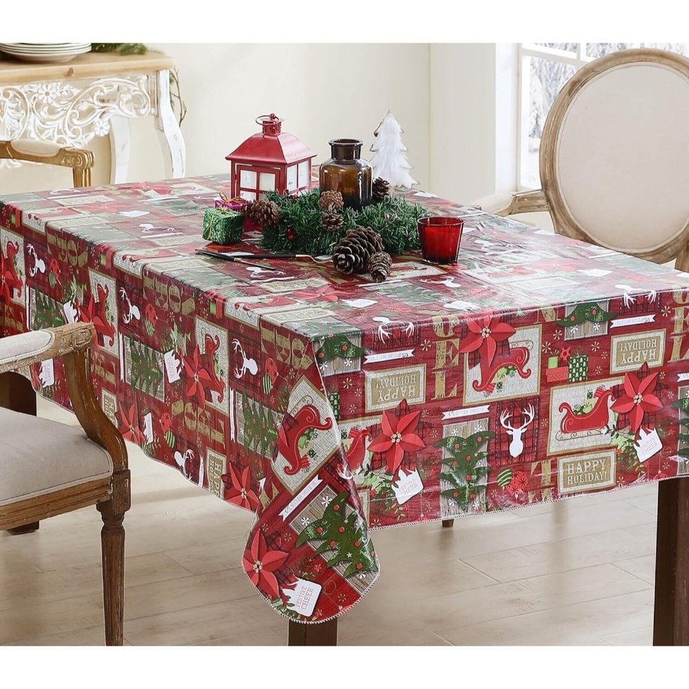 NWT Newbridge Red Sleigh Bells Ring Country Rustic Vinyl Flannel Back